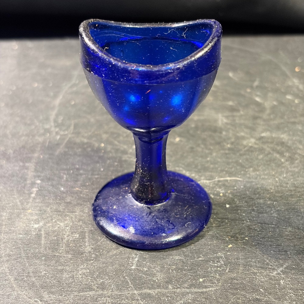 Vintage WT Co Cobalt Blue Eye Wash Cup Stemmed Apothecary Medical Antique